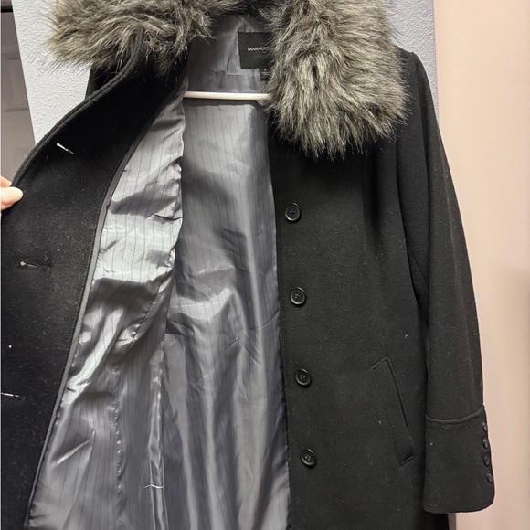 Banana Republic Black Wool Coat Faux Fur Collar - Picture 2 of 5